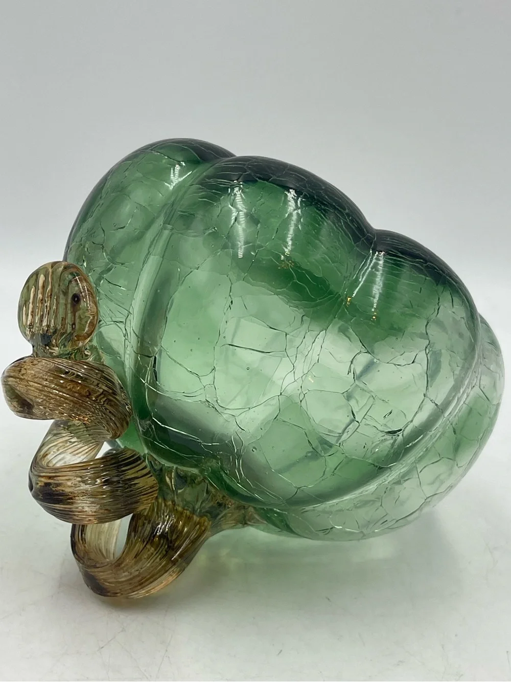 Vintage Hand Blown Green Ombre Crackle Art Glass Pumpkin with Amber Twisted Stem